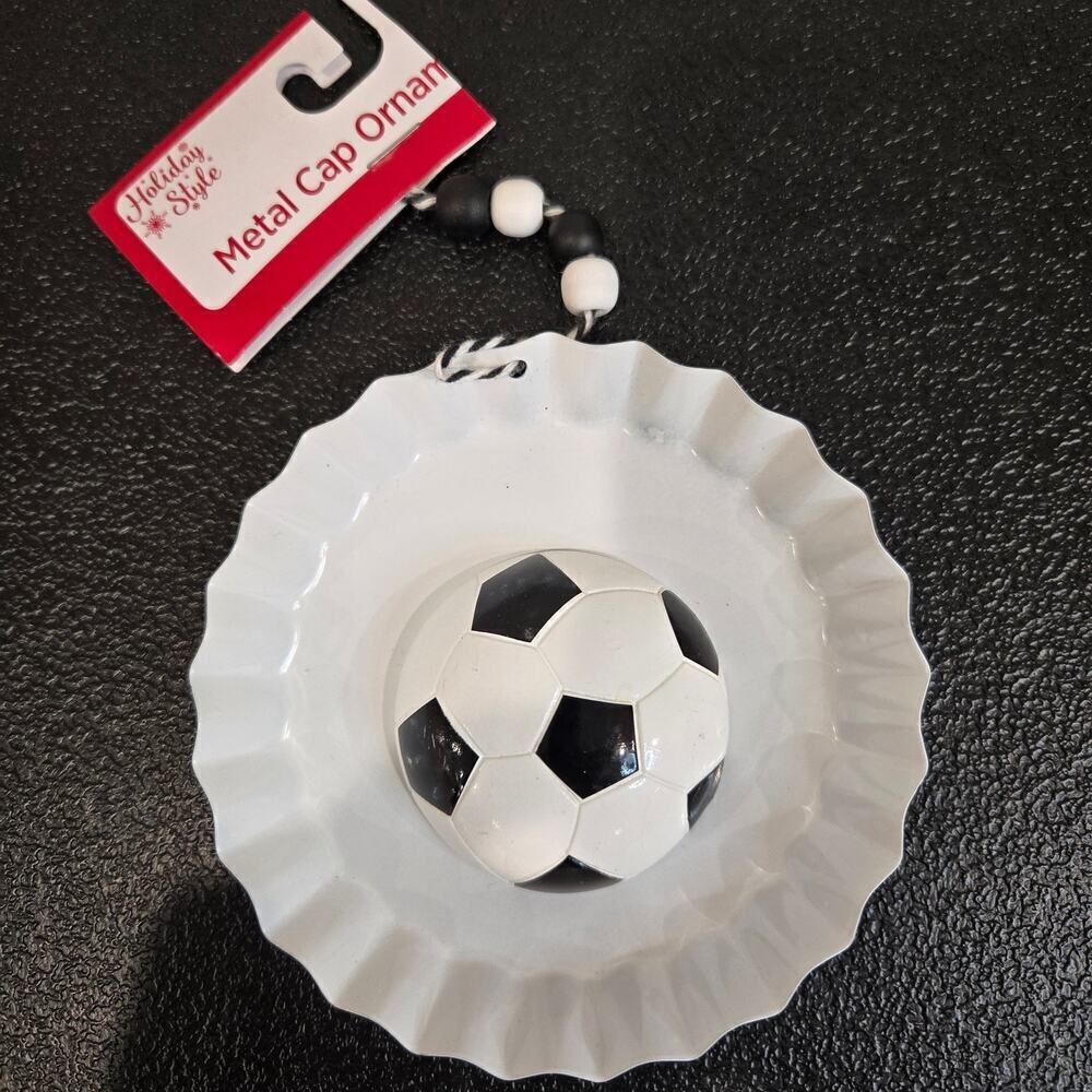 Holiday Style Metal Cap Soccer Ball Tree Ornament NWT Christmas